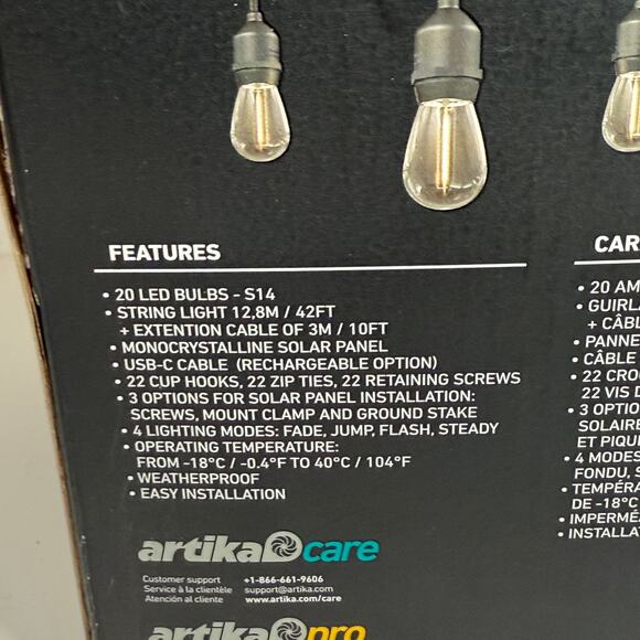 Artika Blaze 20 LED Bulb Outdoor Solar String Lights Matte Black, USED in box - Picture 7 of 12